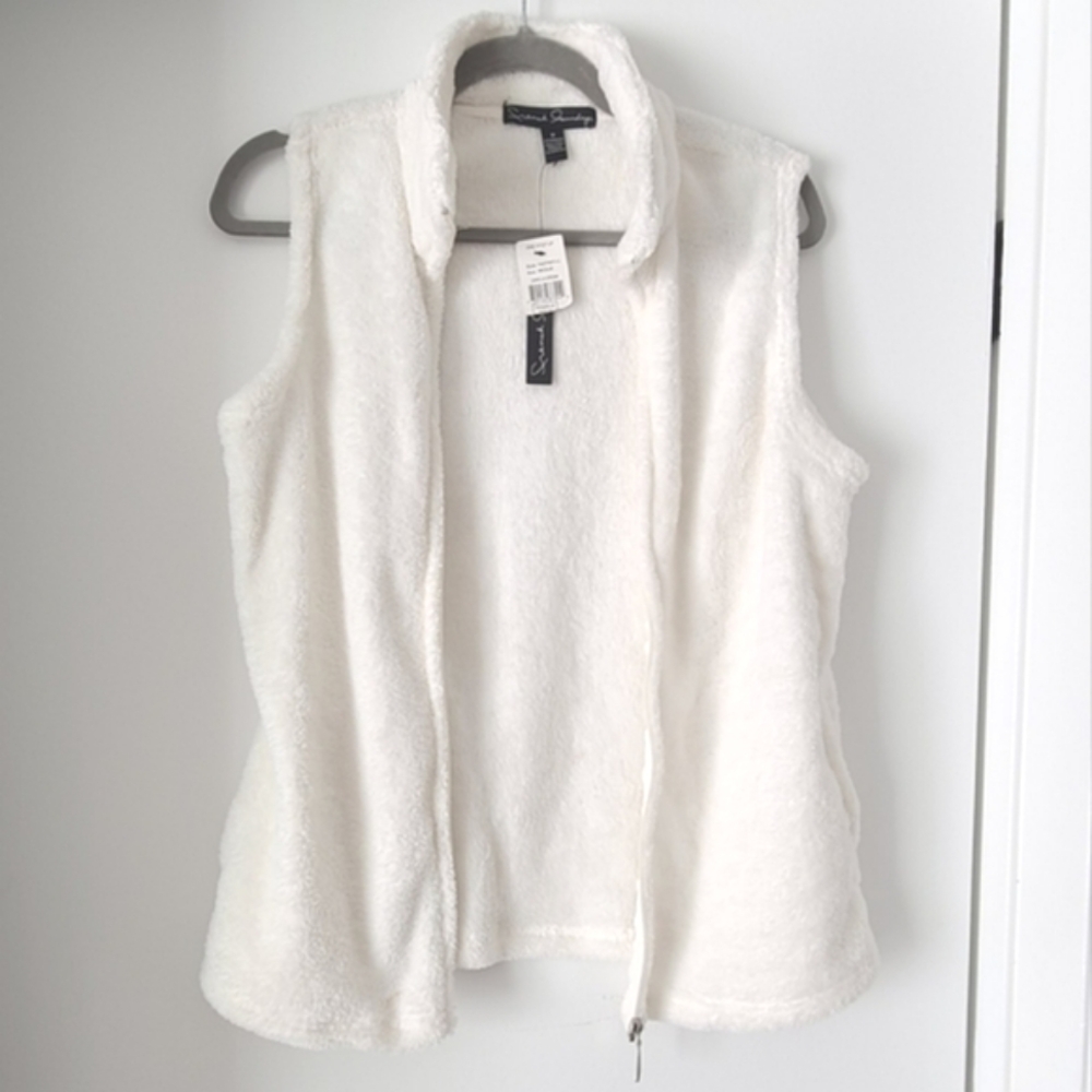 French Laundry Soft White Fleece Zip Up Collared Vest with Pockets